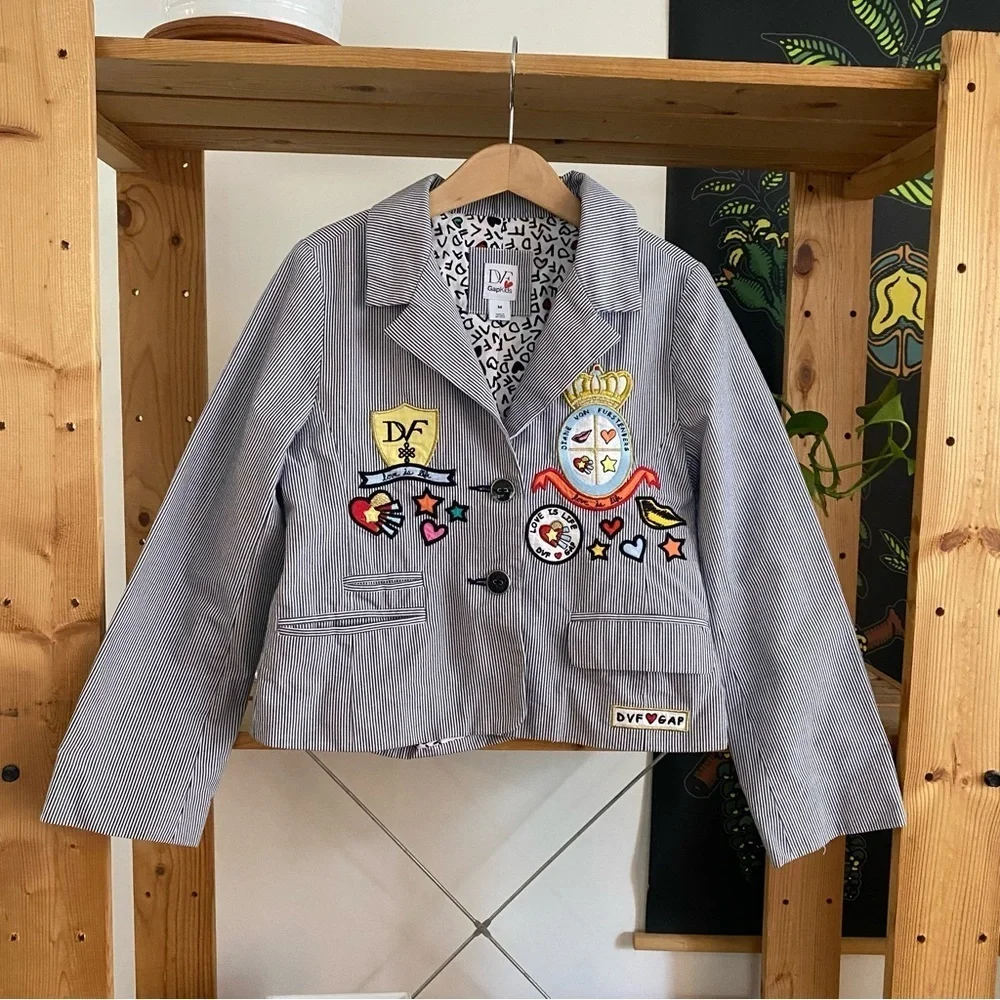 Diane von Furstenberg X Gap Kids Blue Striped Blazer with Patches Medium